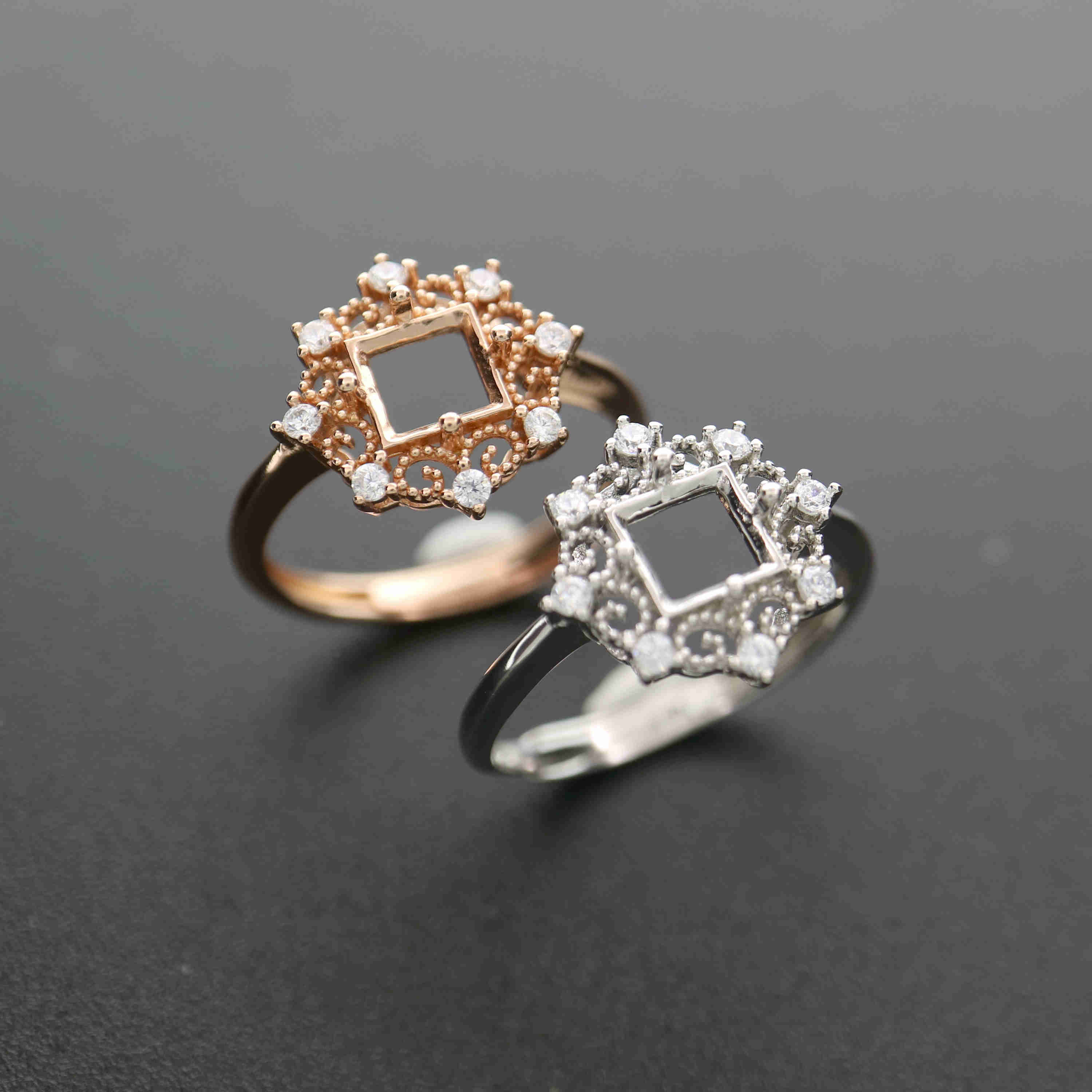 1Pcs 3-6MM Square Lace Rose Gold Silver Gems Cz Stone Prong Bezel Solid 925 Sterling Silver Adjustable Ring Settings 1294129 - Click Image to Close